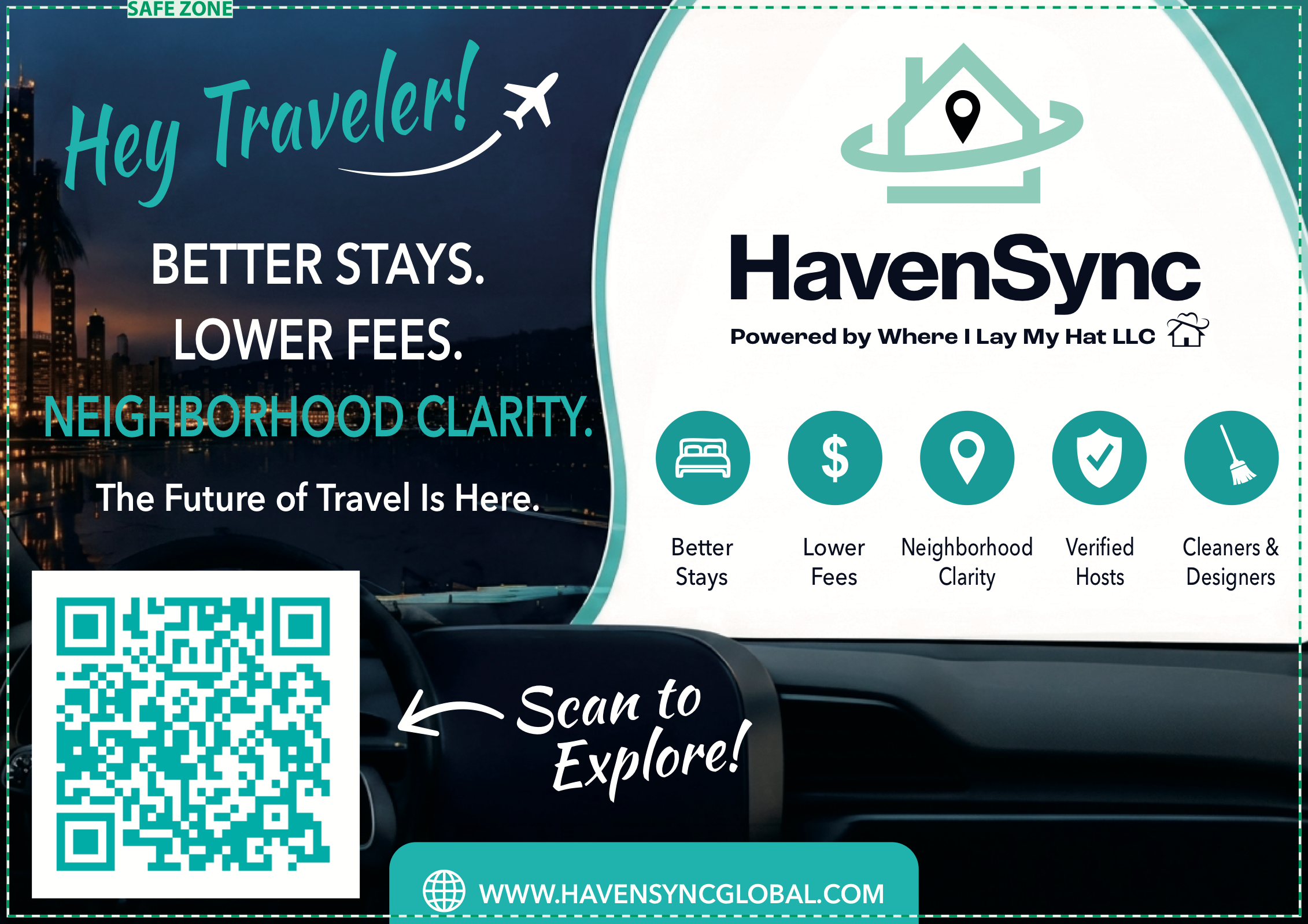 Traveler Postcard Front Side - Hey Traveler! Scan to Explore! Better Stays, Lower Fees, Neighborhood Clarity.